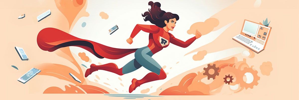 A Wonder Woman type of hero flies through hovering digital devices.