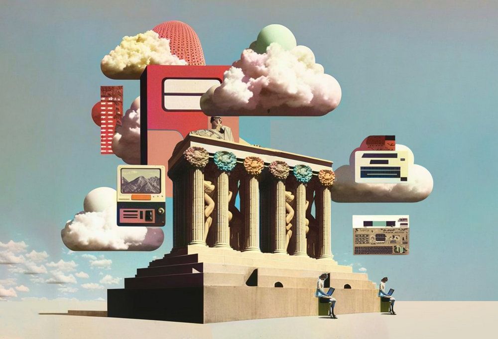 Illustration of a monunment with 6 pillars, with clouds and retro tech - Miracle Mill