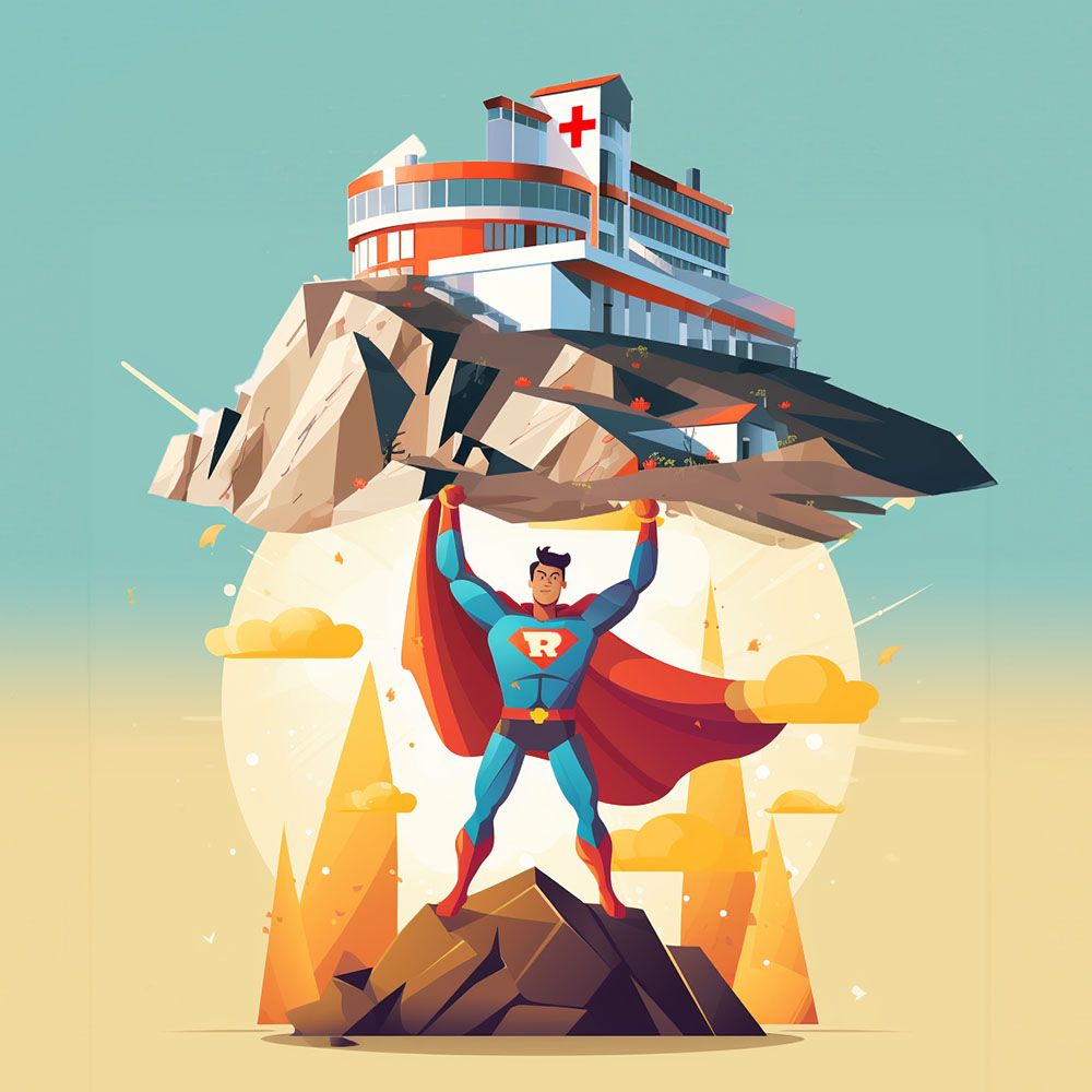 A Superman-like hero holds up some buildings with his arms.