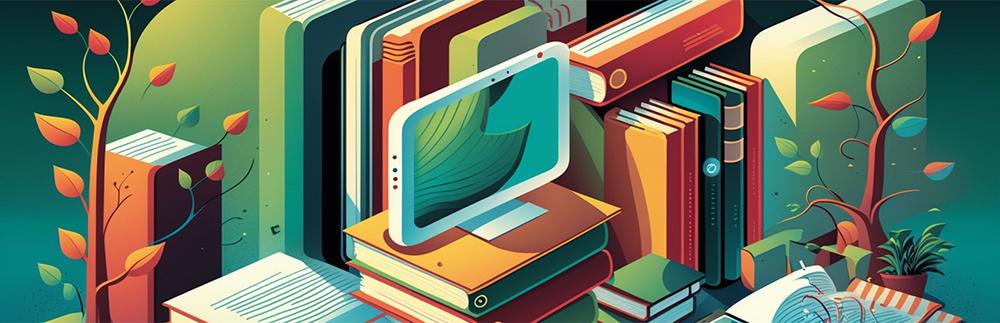 Illustration of a computer and piles of books