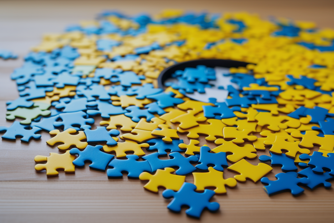 Jigsaw puzzle pieces in the PCG brand colors on a table.