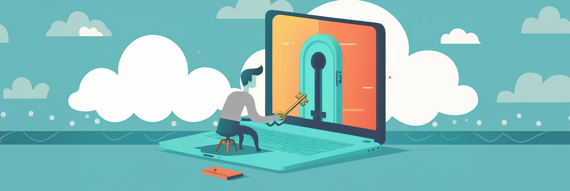 Illustration av en person med en stor nyckel i handen som ska låsa upp ett lås på sin laptop-skärm.