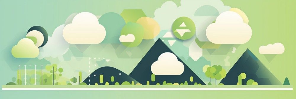 Flat design illustration of dark, angular hills with clouds and a green sky