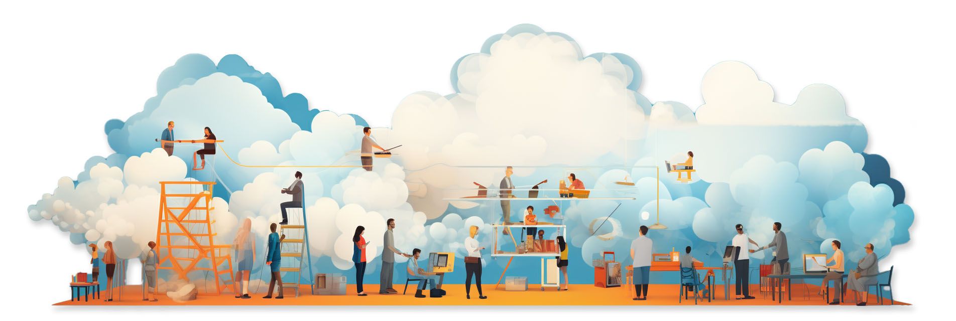 Illustration av folk som arbetar i ett kontorslandskap omgivet av moln.