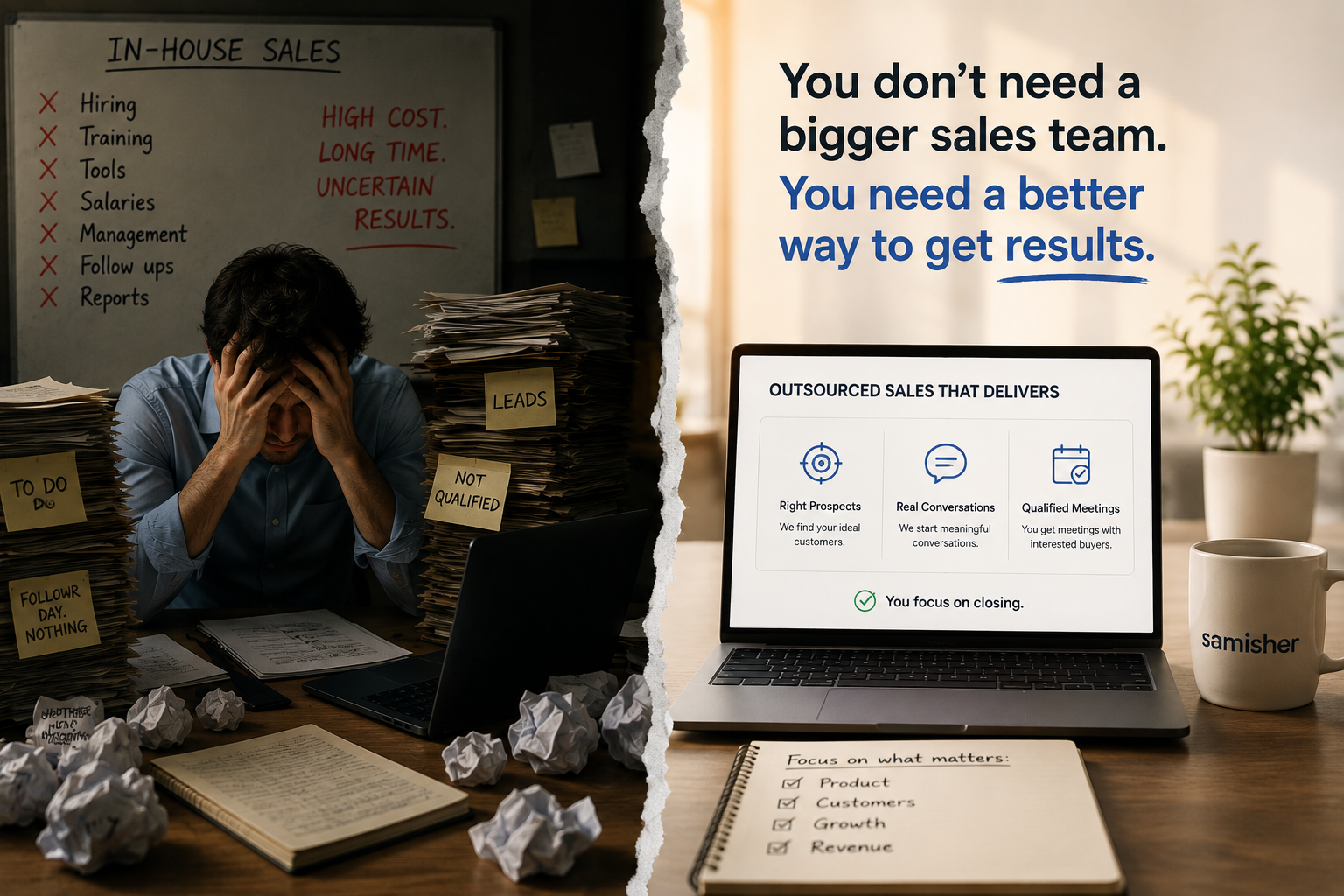 Split-screen showing the challenges of building an in-house sales team compared with outsourcing sales to generate qualified B2B meetings.