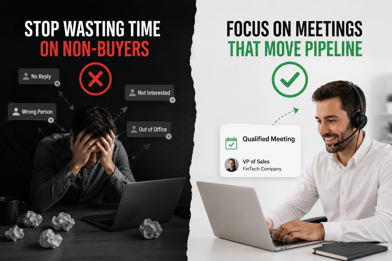 Split-screen showing the contrast between wasted B2B outreach with no replies and a qualified sales meeting with a potential buyer.