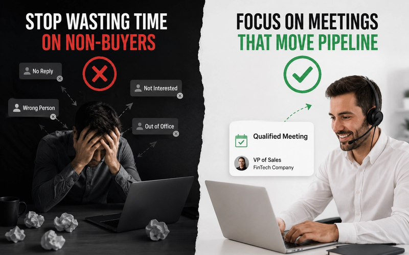 Split-screen showing the contrast between wasted B2B outreach with no replies and a qualified sales meeting with a potential buyer.