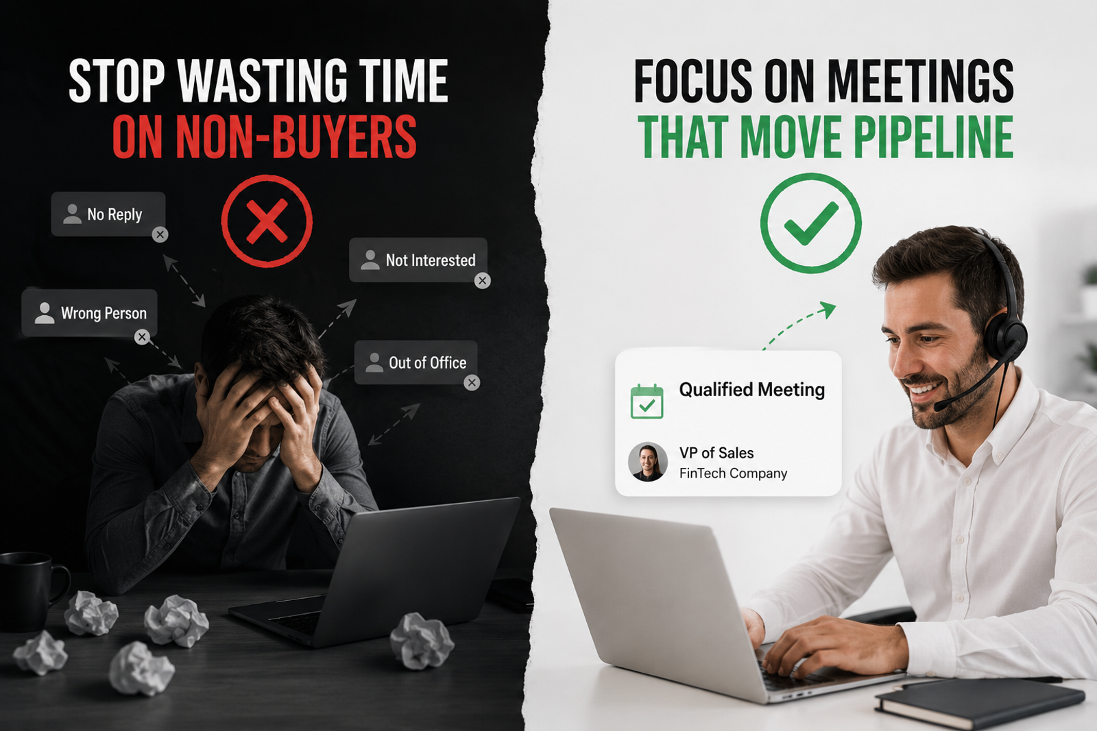 Split-screen showing the contrast between wasted B2B outreach with no replies and a qualified sales meeting with a potential buyer.