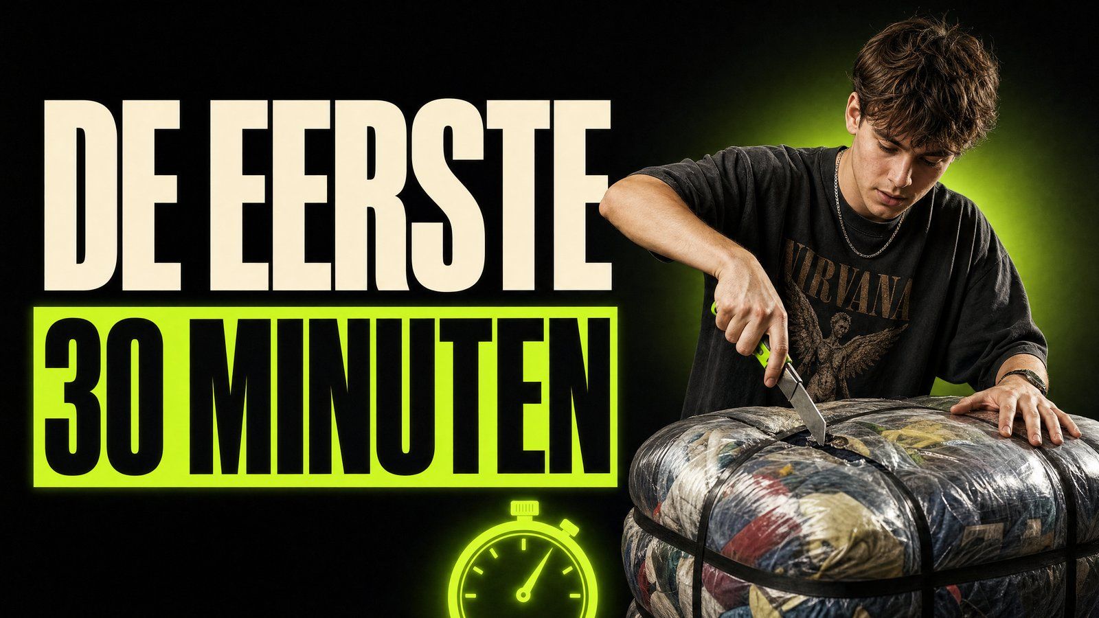 Reseller opent een nieuwe baal vintage kleding met een mes, eerste 30 minuten