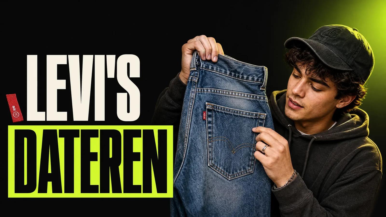 Jonge reseller bekijkt de rode tab op de achterzak van een vintage Levi's spijkerbroek