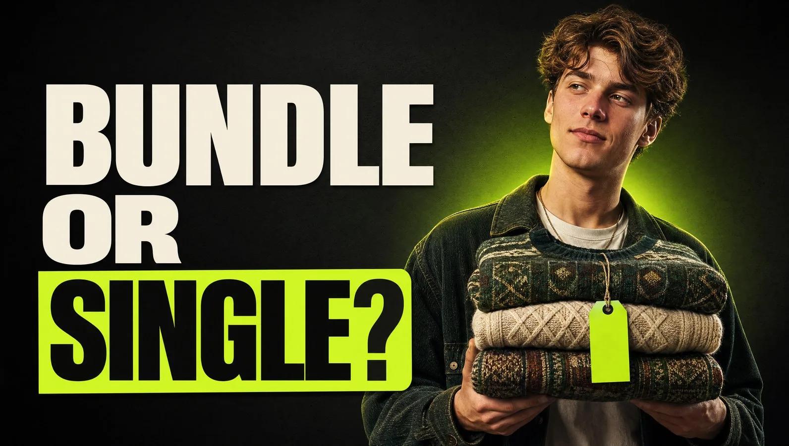 Young reseller holding a stack of three folded vintage sweaters with a tag, next to the headline Bundle or single?