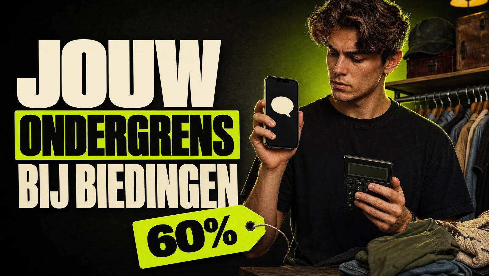 Jonge reseller bekijkt een Vinted-bod op een telefoon en rekent na met een rekenmachine, naast de kop Jouw ondergrens bij biedingen