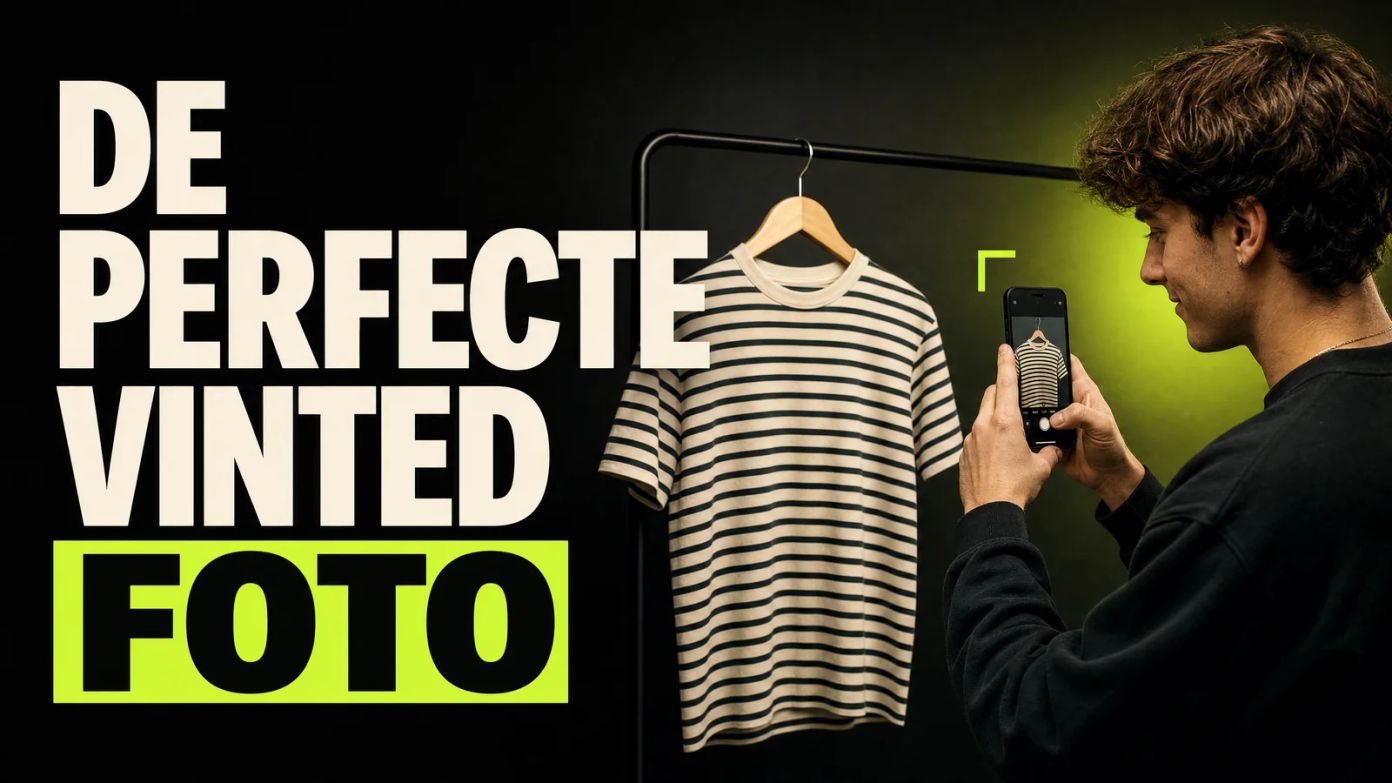 Jonge reseller fotografeert een gestreept shirt op een hanger met zijn telefoon, naast de kop De perfecte Vinted foto