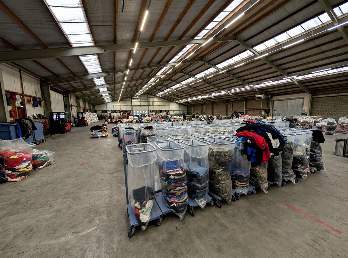 Gesorteerde tweedehands merkkleding per categorie gestapeld in een vintage groothandel, klaar voor selectie door een reseller