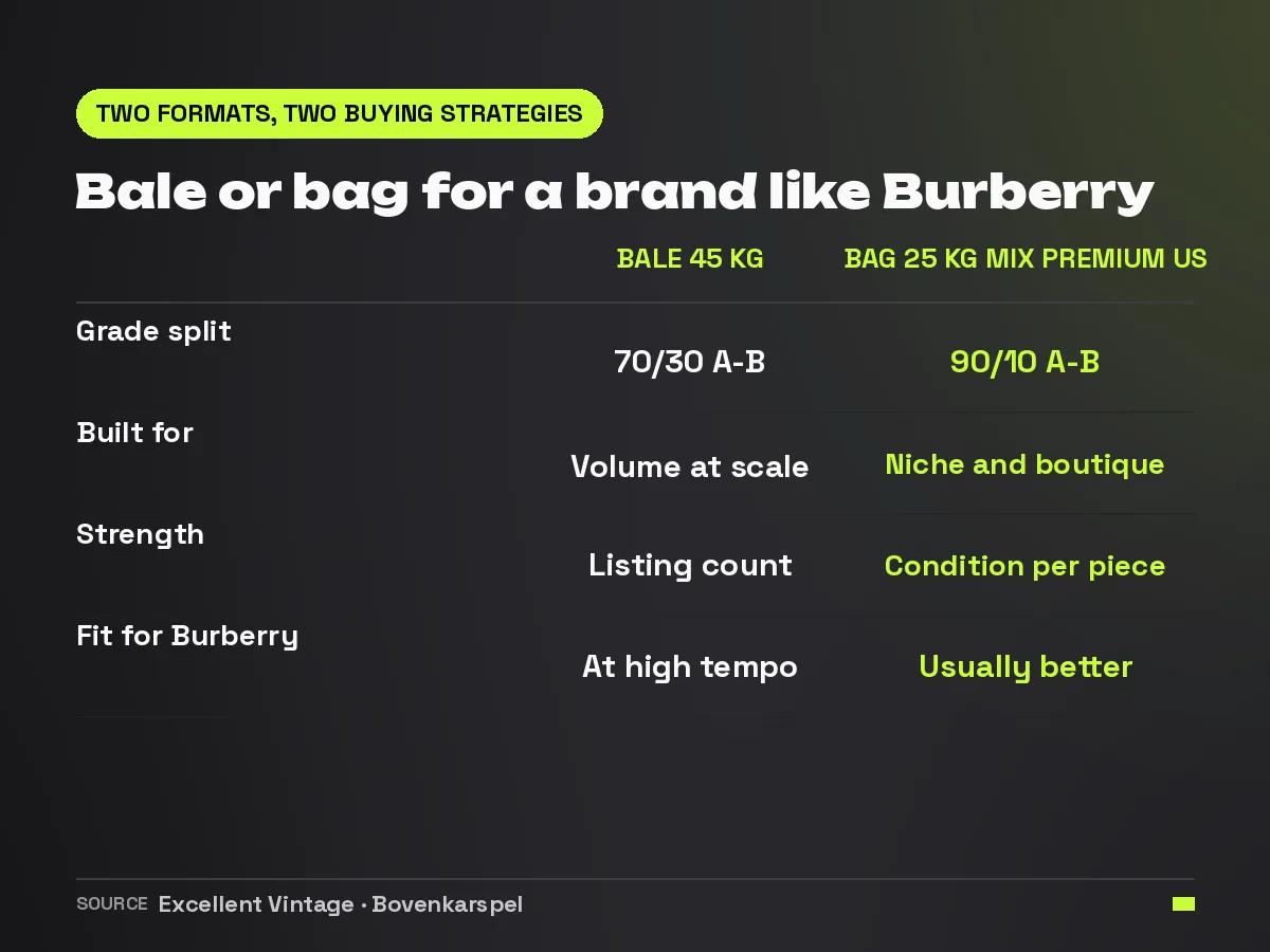 Comparison between a 45 kg bale at 70/30 grade A-B for volume and a 25 kg mix premium US bag at 90/10 for niche buying, and what that means for Burberry
