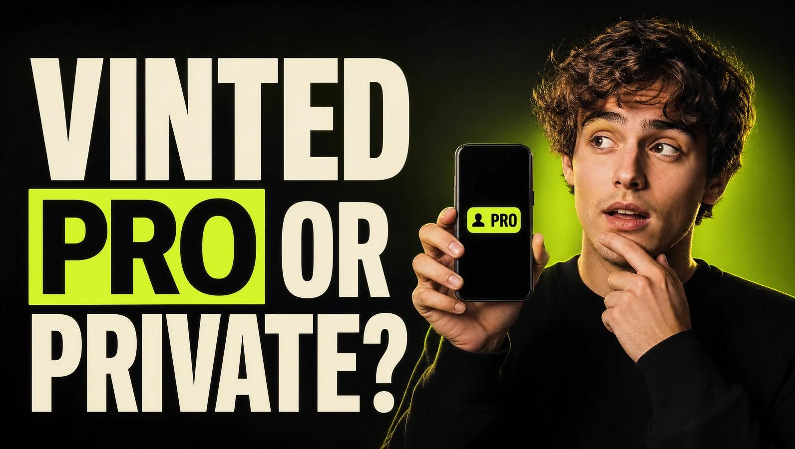 Young reseller thoughtfully holding up a phone with a Pro badge, next to the headline Vinted Pro or private