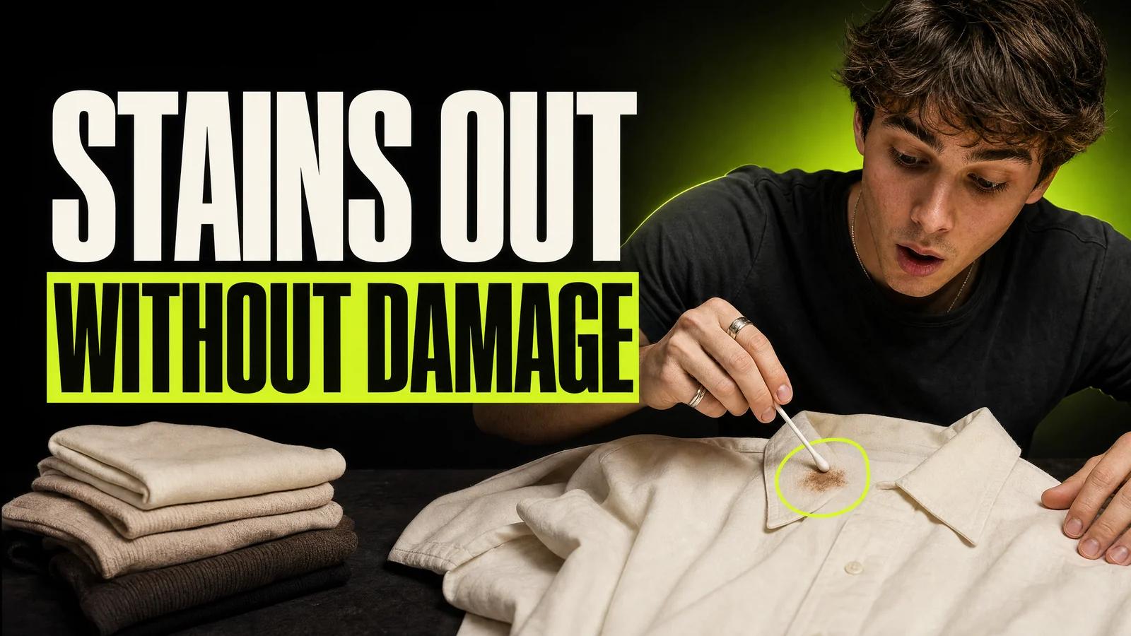A young reseller dabs a brown stain on a plain vintage shirt with a cotton swab