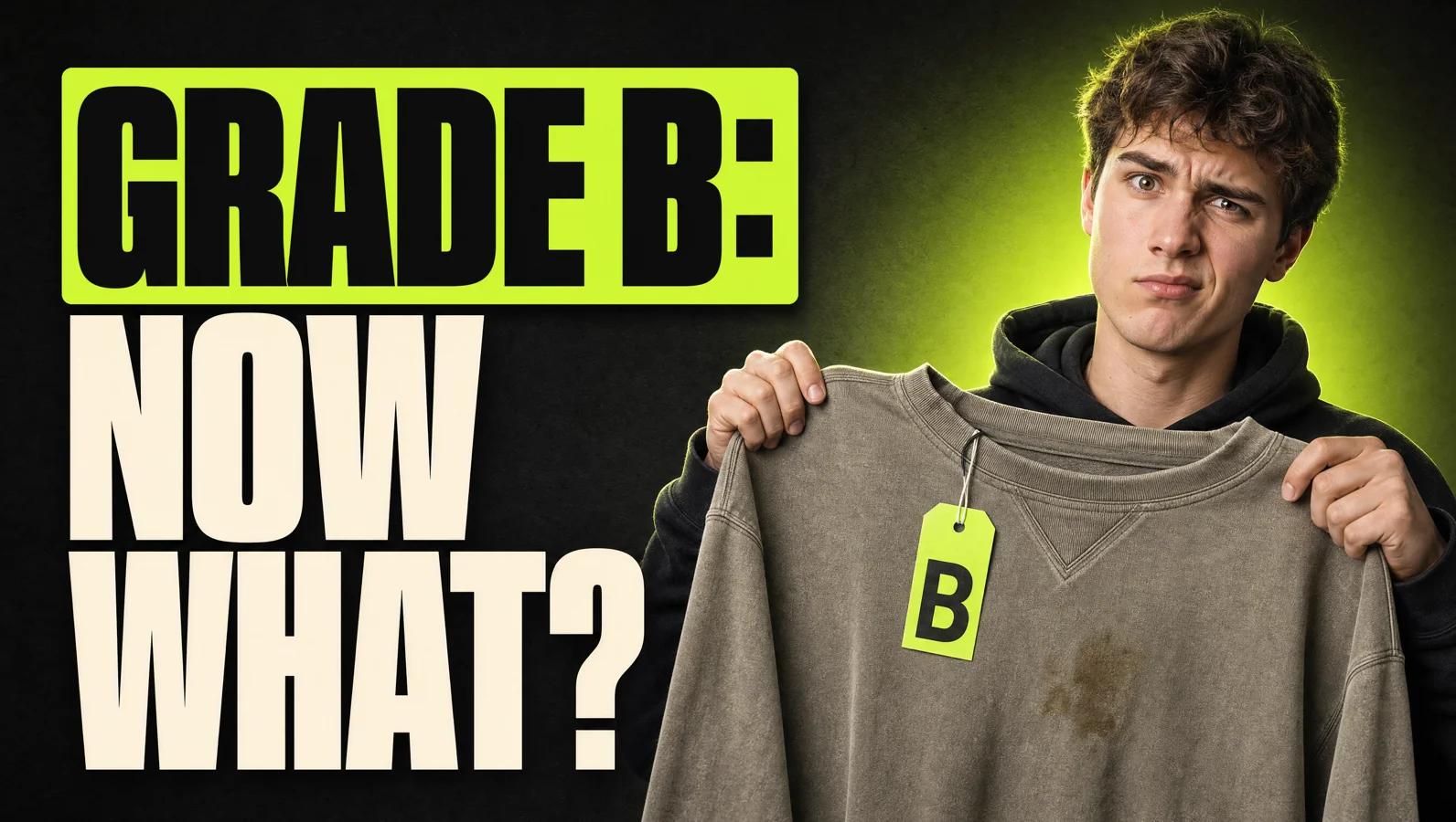 Young reseller holding up a faded sweatshirt with a small stain and a grade B tag, next to the headline Grade B: now what?