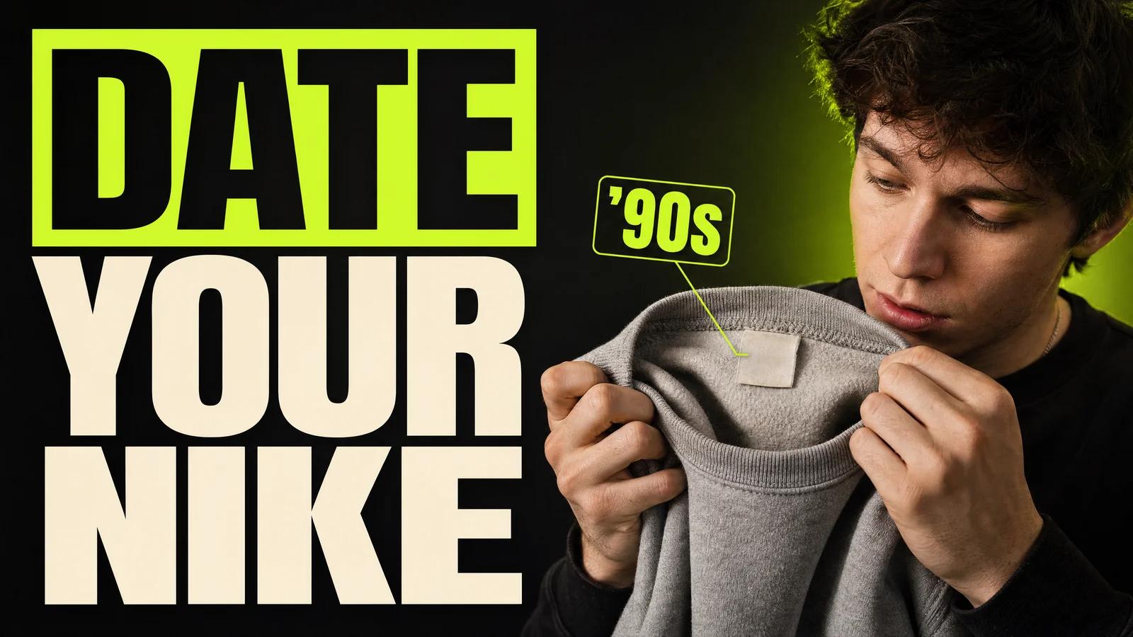 Young reseller turning the collar of a grey vintage sweatshirt to look at the neck tag, next to the headline Date your Nike