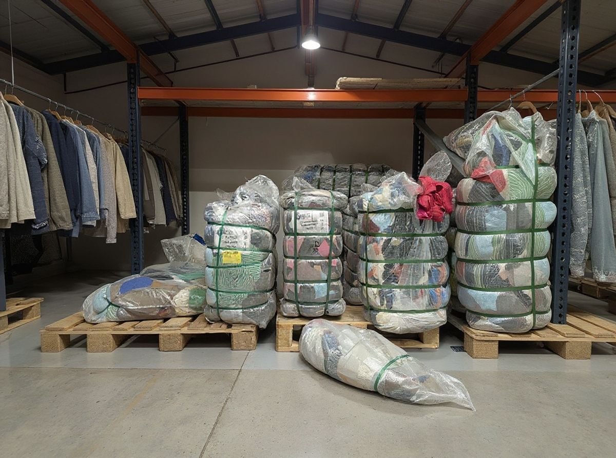 Gesorteerde kledingstukken per merk op de warehousevloer van Excellent Vintage, klaar voor resellers die een warehousebezoek plannen