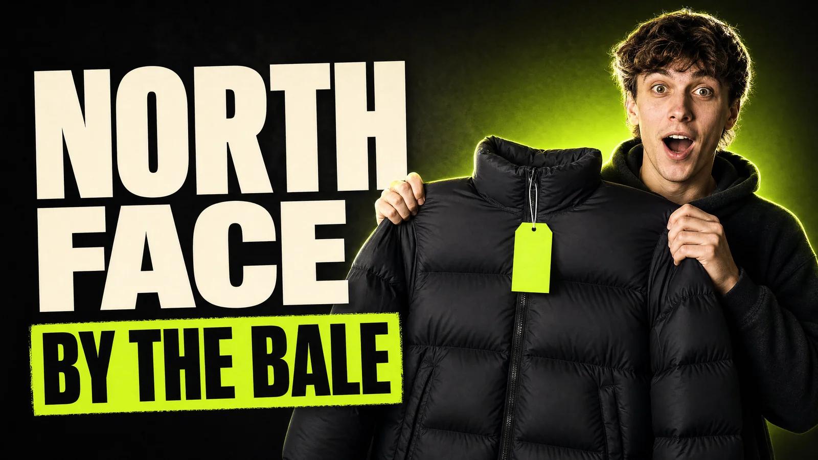 Young reseller holding a vintage North Face puffer — buying North Face by the bale at Excellent Vintage in Bovenkarspel
