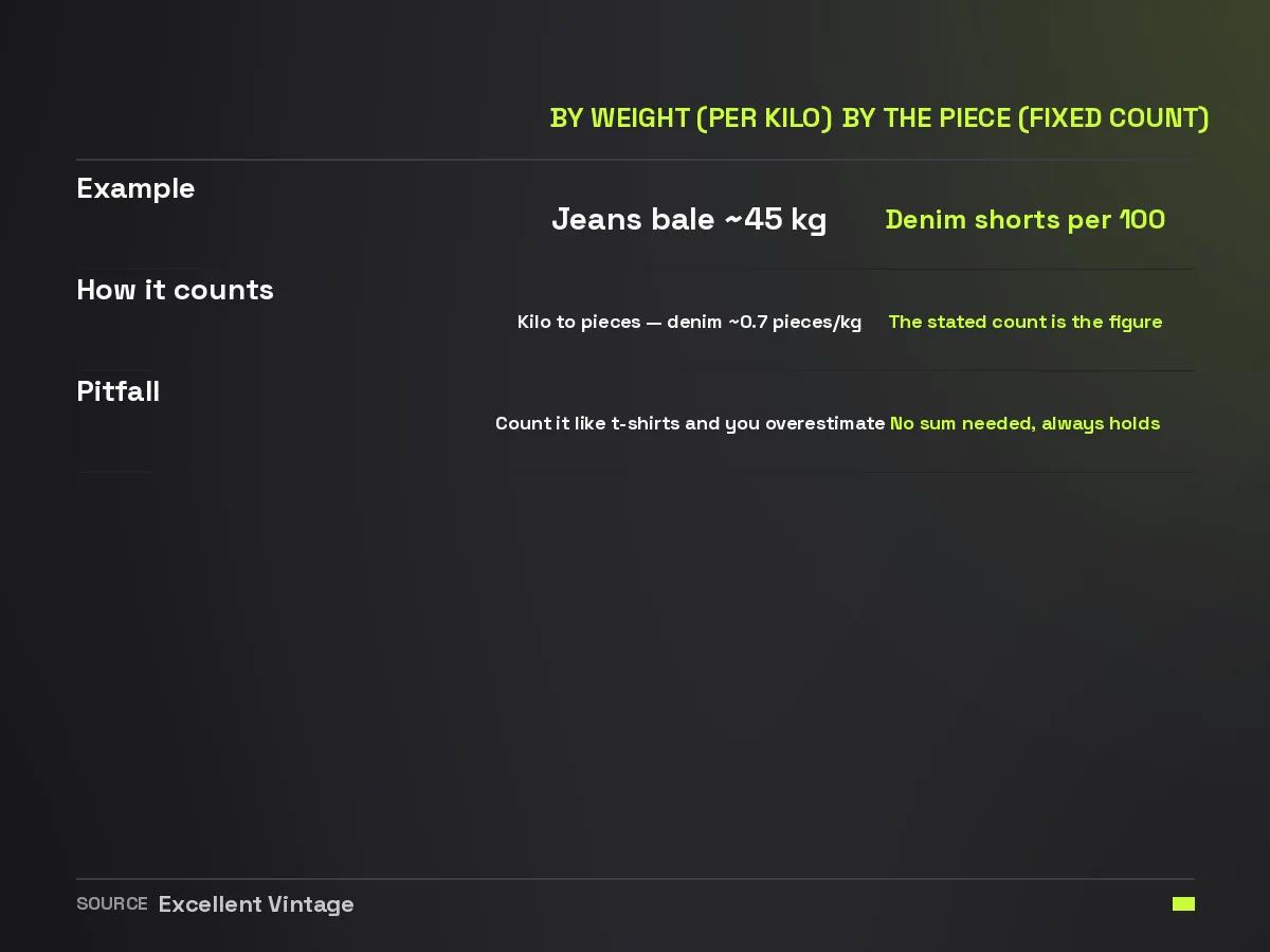 Comparison between a Levi's bale sold by weight and denim shorts sold by the piece, with the pitfall of miscounting