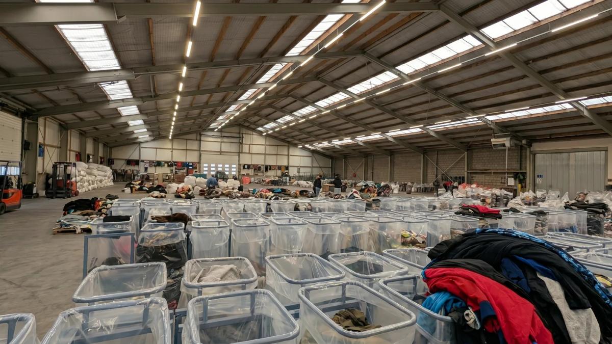 Gesorteerde tweedehands kleding in doorzichtige zakken en geperste balen op de warehousevloer van Excellent Vintage in Bovenkarspel