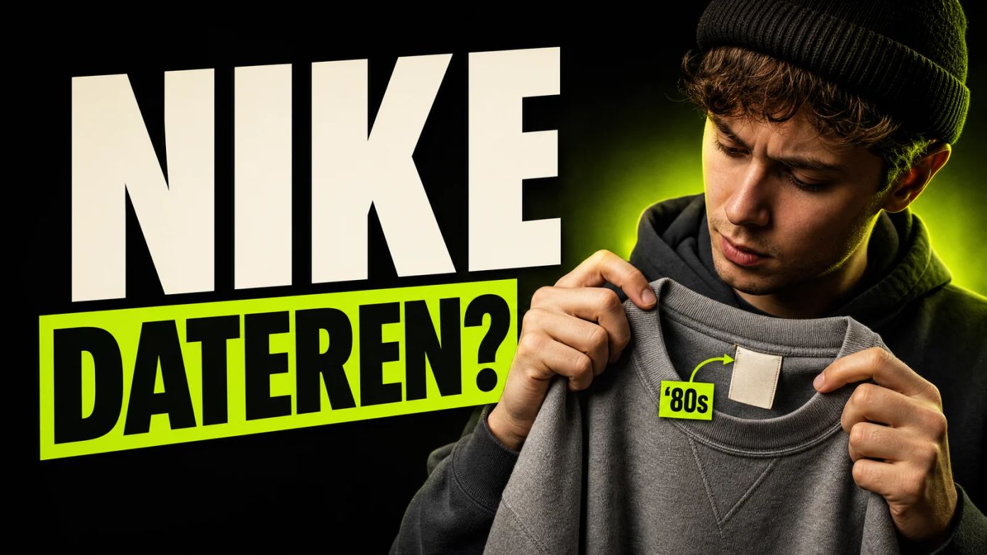 Jonge reseller draait de kraag van een grijze vintage sweater om en bekijkt het neklabel, naast de kop Nike dateren