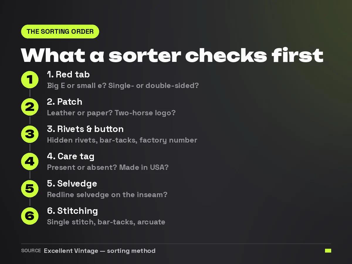 Step diagram showing the six signals a sorter checks in order to date a pair of Levi's