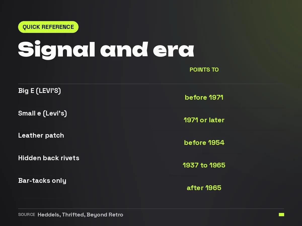 Reference table matching Levi's dating signals to the era they point to
