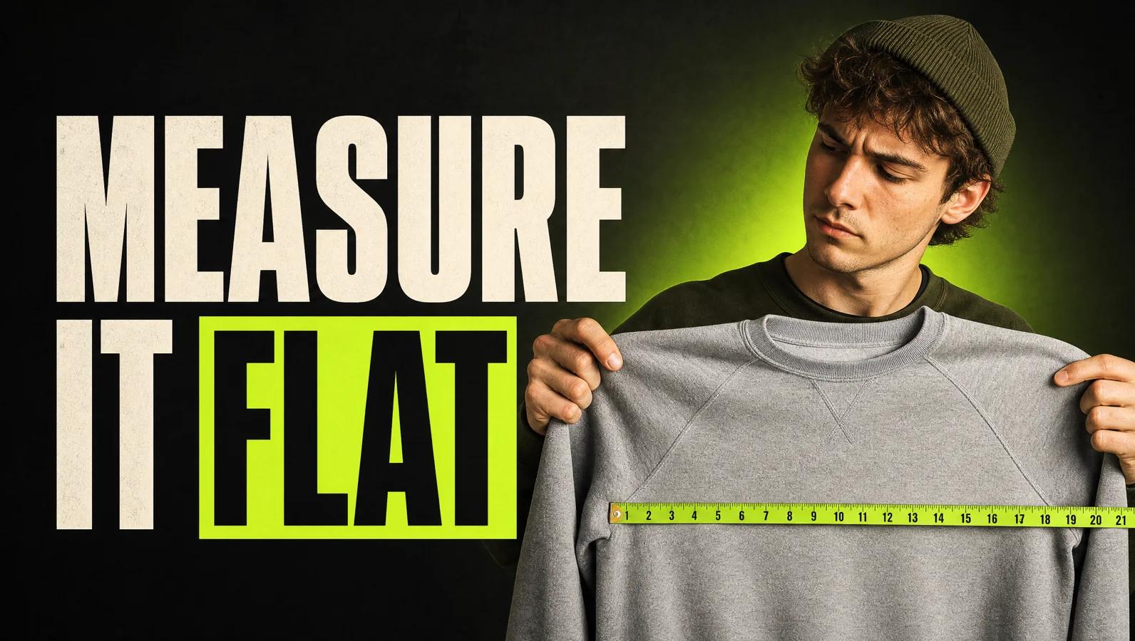 Young reseller laying a measuring tape along a vintage sweatshirt on a table, next to the headline Measure it flat