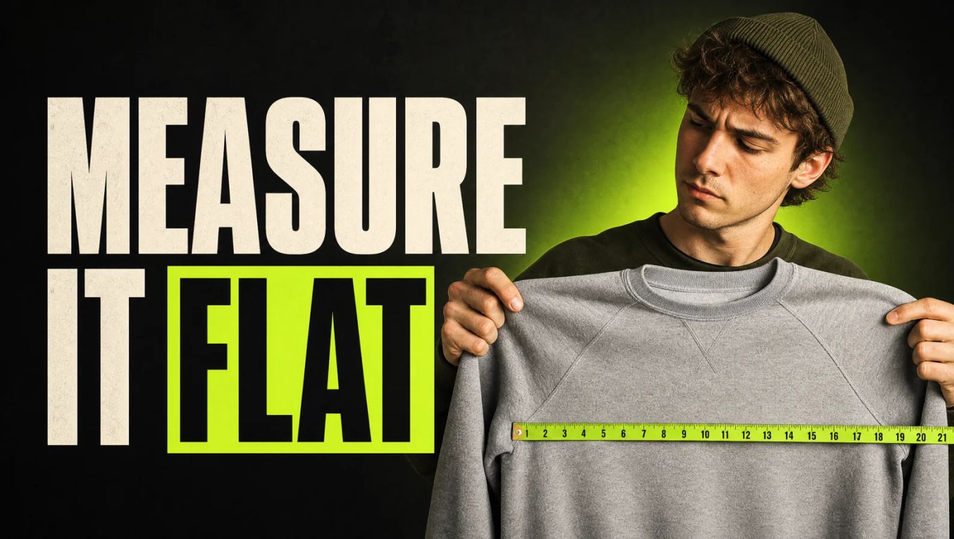 Young reseller laying a measuring tape along a vintage sweatshirt on a table, next to the headline Measure it flat