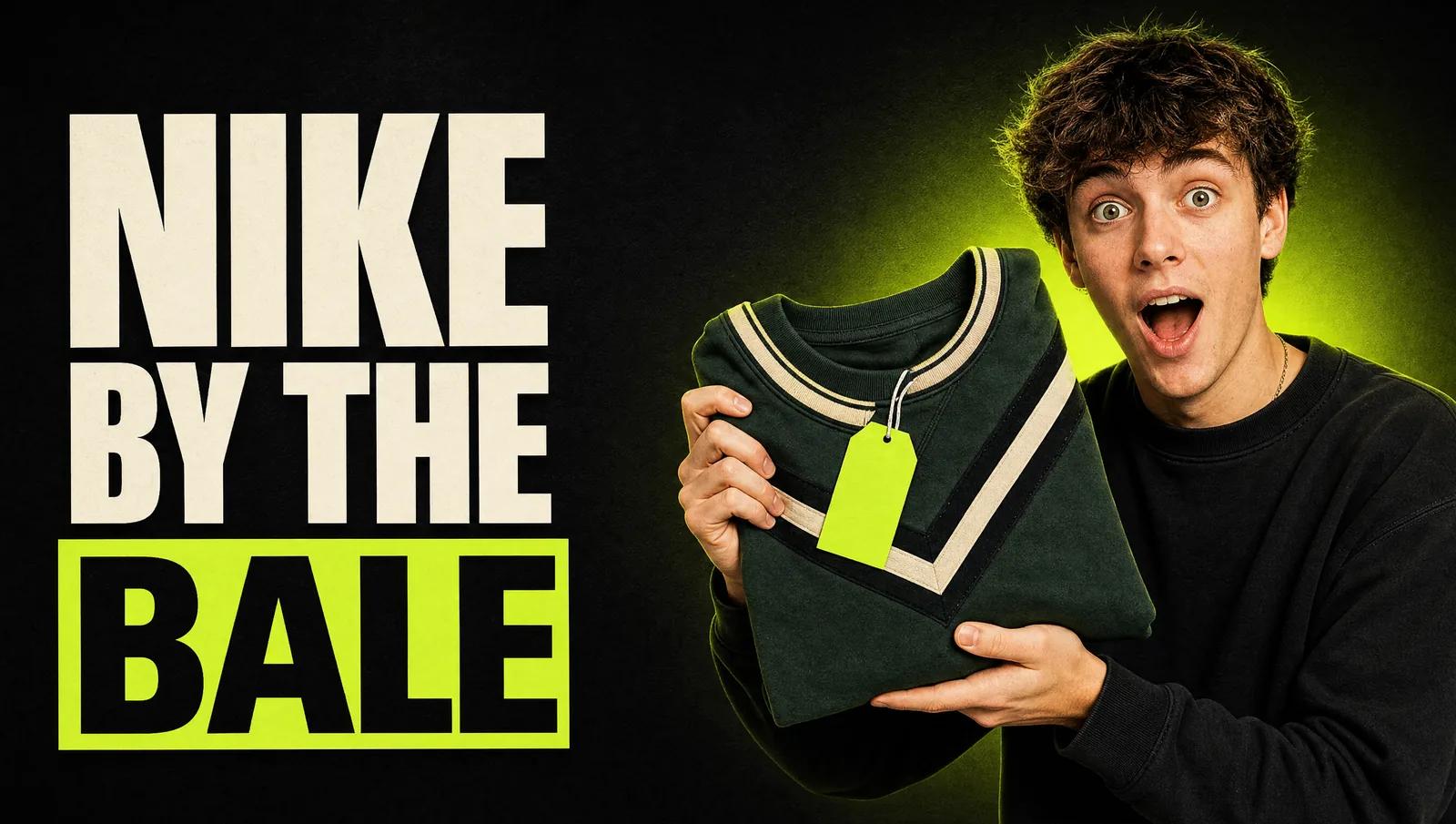 Young reseller excitedly holding up a vintage Nike sweatshirt, with the headline NIKE BY THE BALE in the Excellent Vintage style