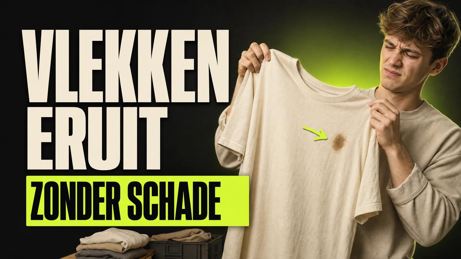 Jonge reseller houdt een effen vintage T-shirt tegen het licht en wijst een bruine vlek aan
