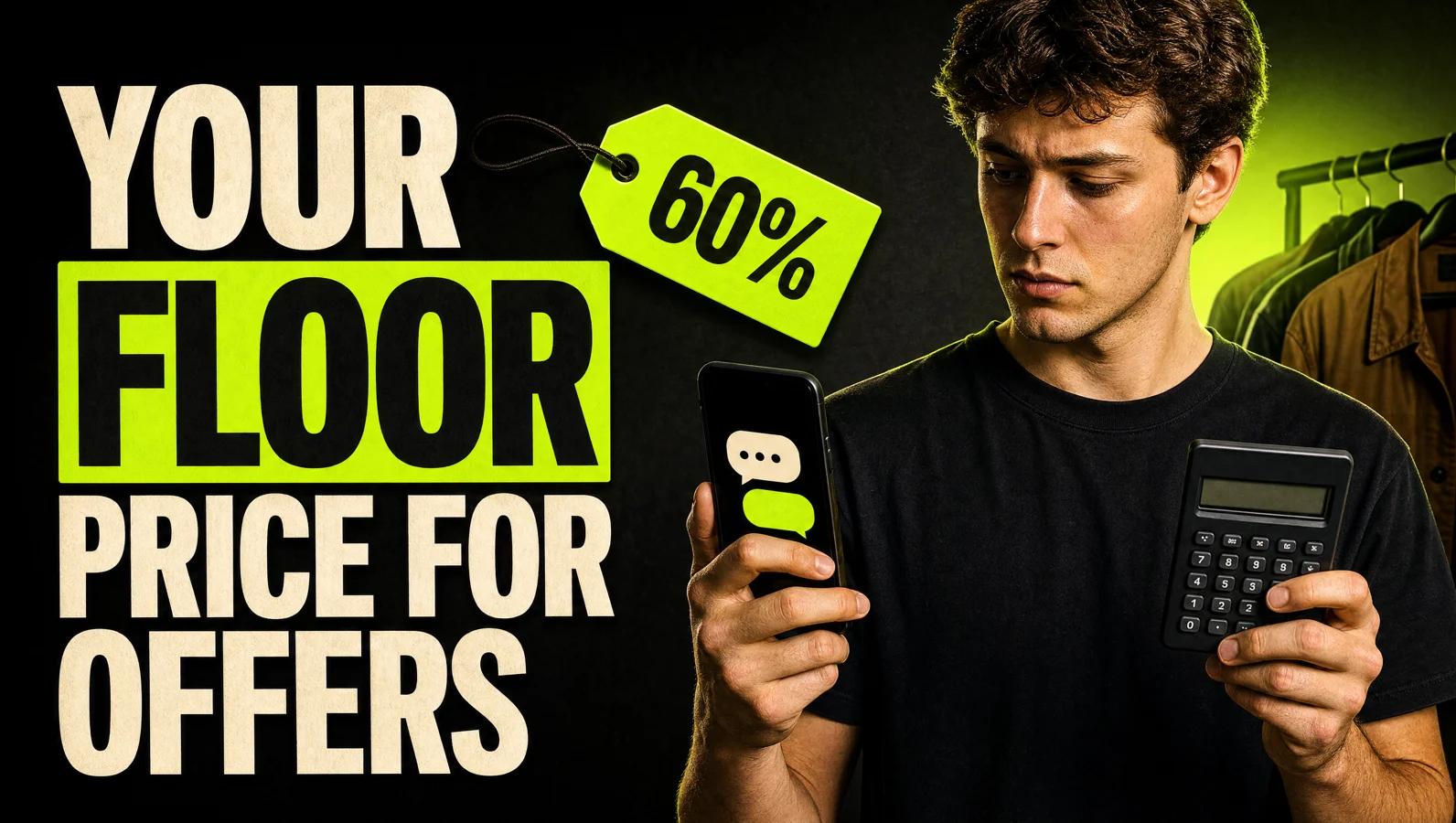 Young reseller checking a Vinted offer on a phone and working it out on a calculator, next to the headline Your floor price for offers