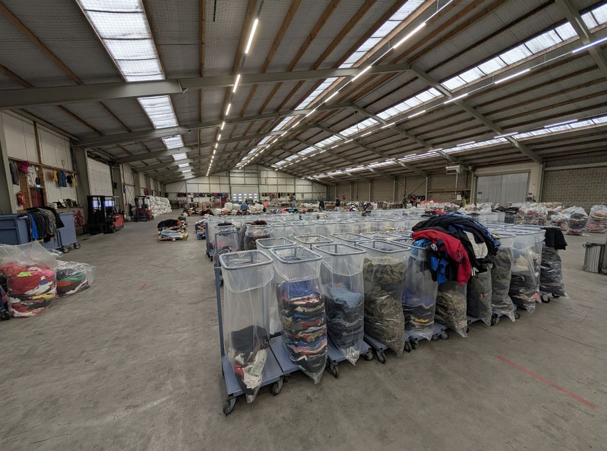Gesorteerde tweedehands kleding per merk op de warehousevloer in Bovenkarspel, klaar voor een reseller die een afspraak heeft gepland