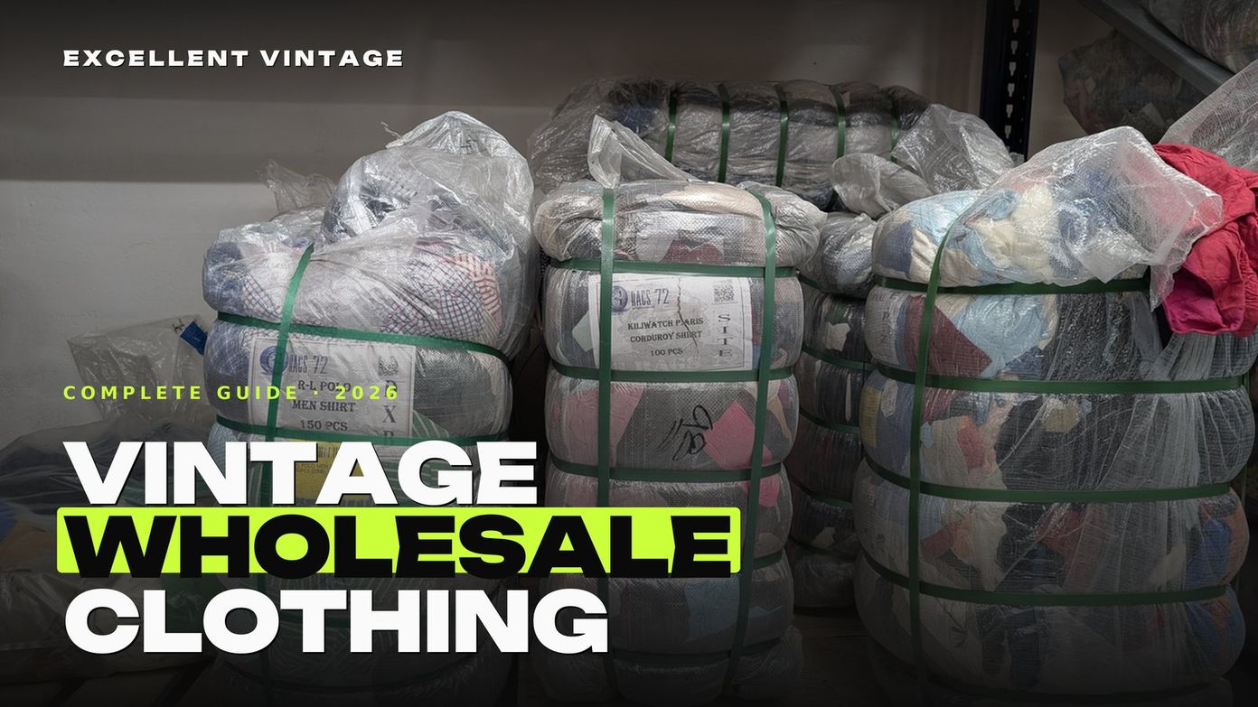 Bale floor of a vintage clothing wholesaler in Bovenkarspel with compressed bales sorted by brand and grade