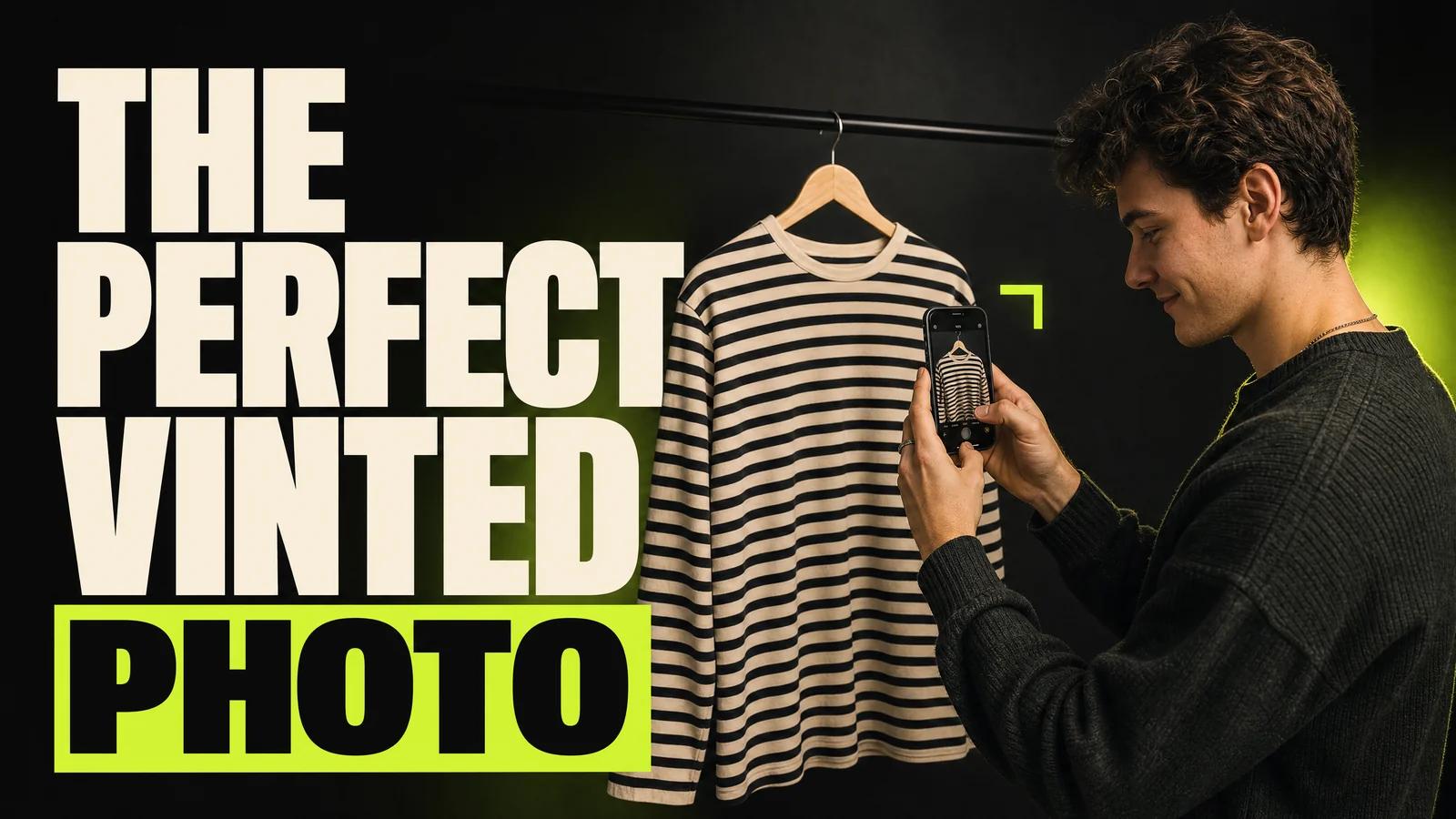 Young reseller photographing a striped shirt on a hanger with his phone, next to the headline The perfect Vinted photo