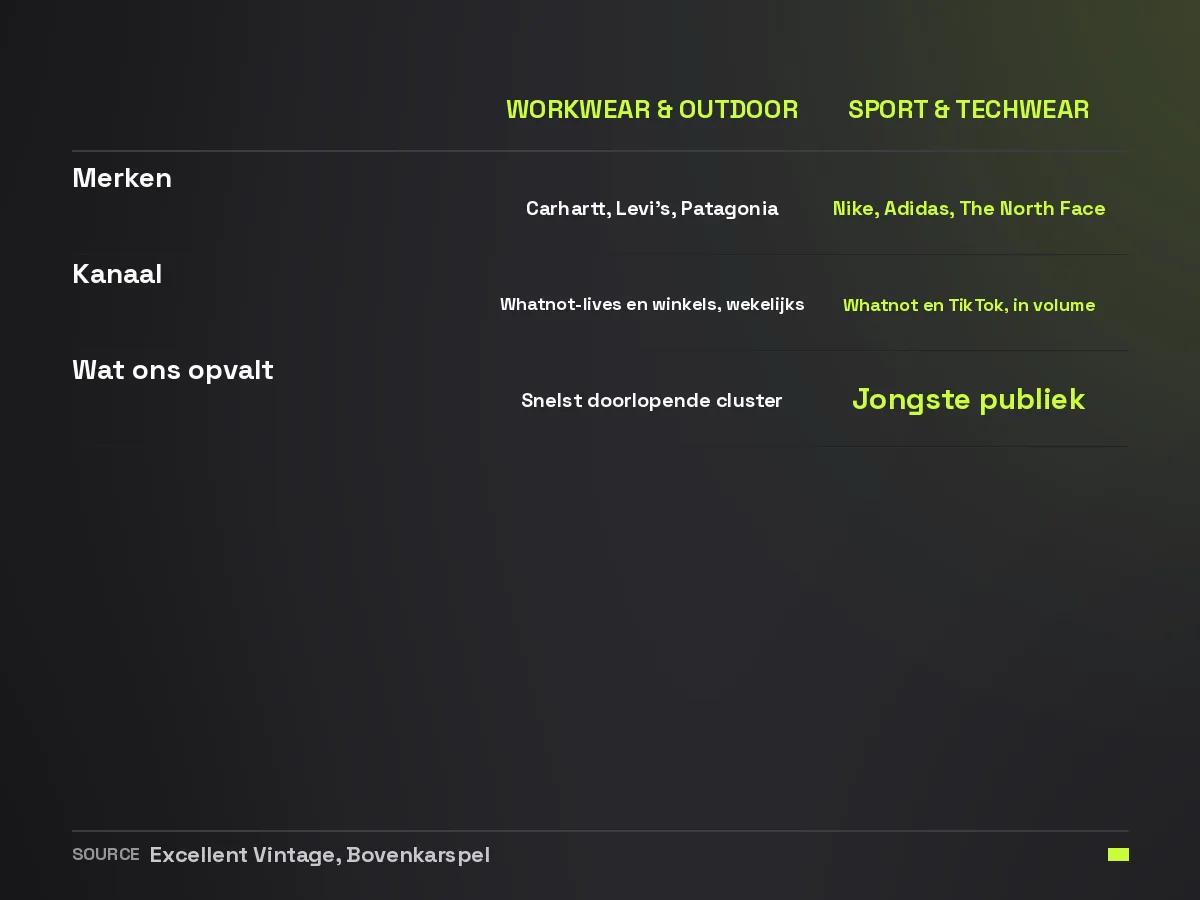 Vergelijking tussen het workwear- en outdoorcluster met Patagonia en het sport- en techwearcluster bij Excellent Vintage