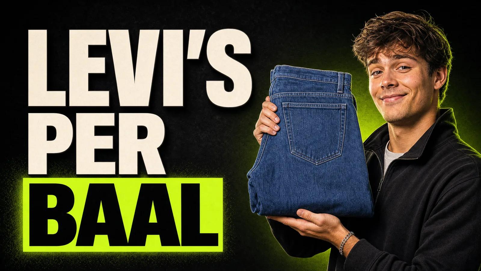 Jonge reseller houdt enthousiast een effen spijkerbroek omhoog, met de kop LEVI'S PER BAAL in de Excellent Vintage-stijl