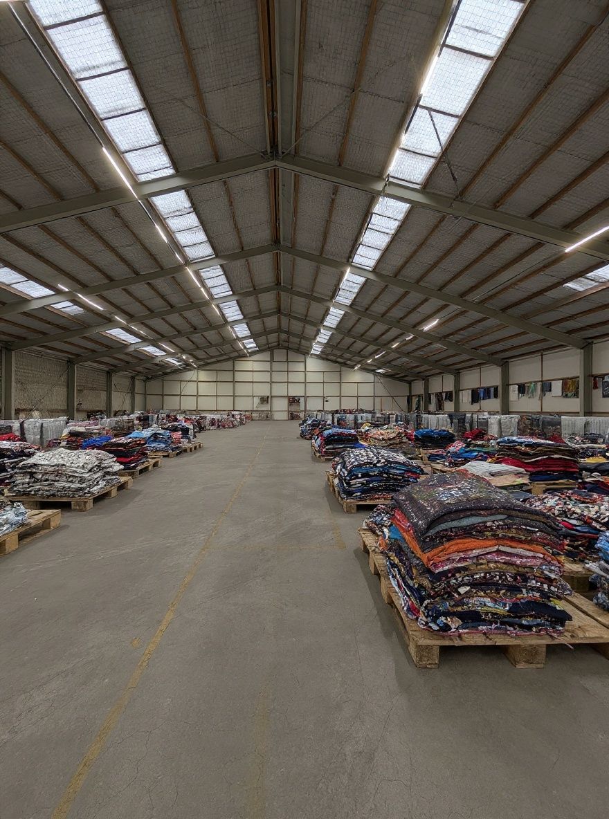 Overzicht van de balen-vloer bij Excellent Vintage met gesorteerde tweedehands kleding balen per merk en grade in Bovenkarspel