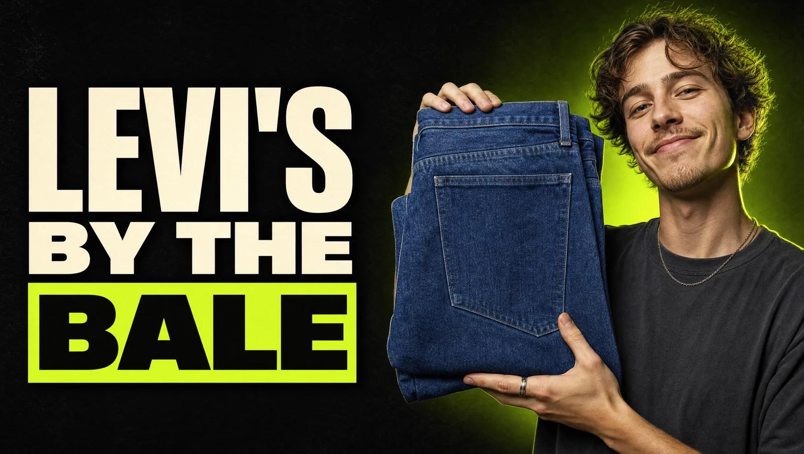 Young reseller excitedly holding up a plain pair of jeans, with the headline LEVI'S BY THE BALE in the Excellent Vintage style
