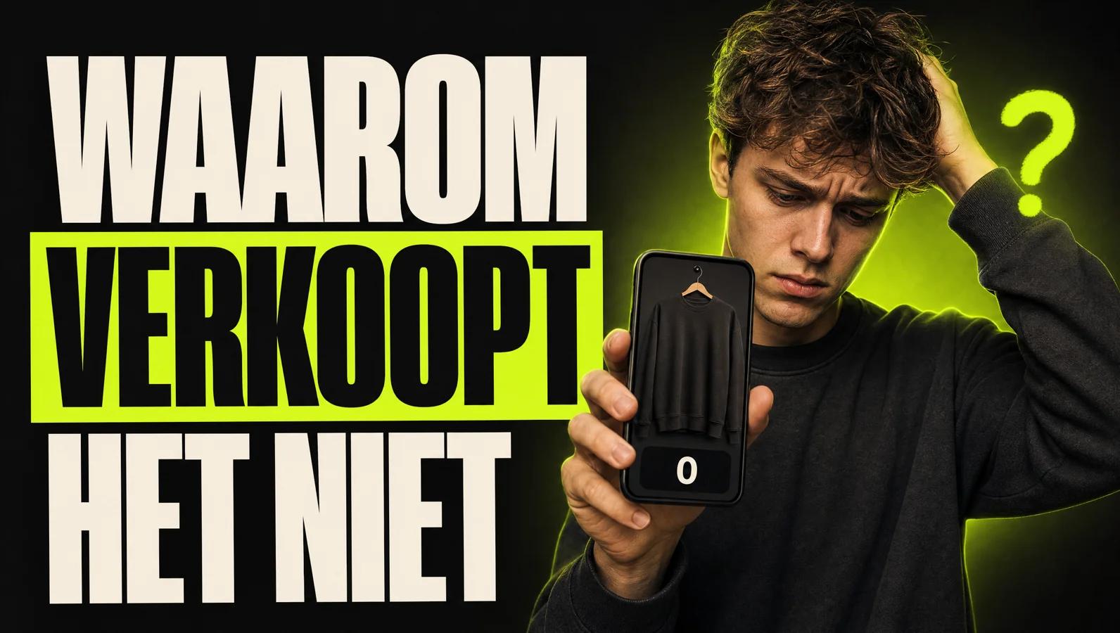 Jonge reseller kijkt bezorgd naar een telefoon met een advertentie zonder weergaven, naast de kop Waarom verkoopt het niet?
