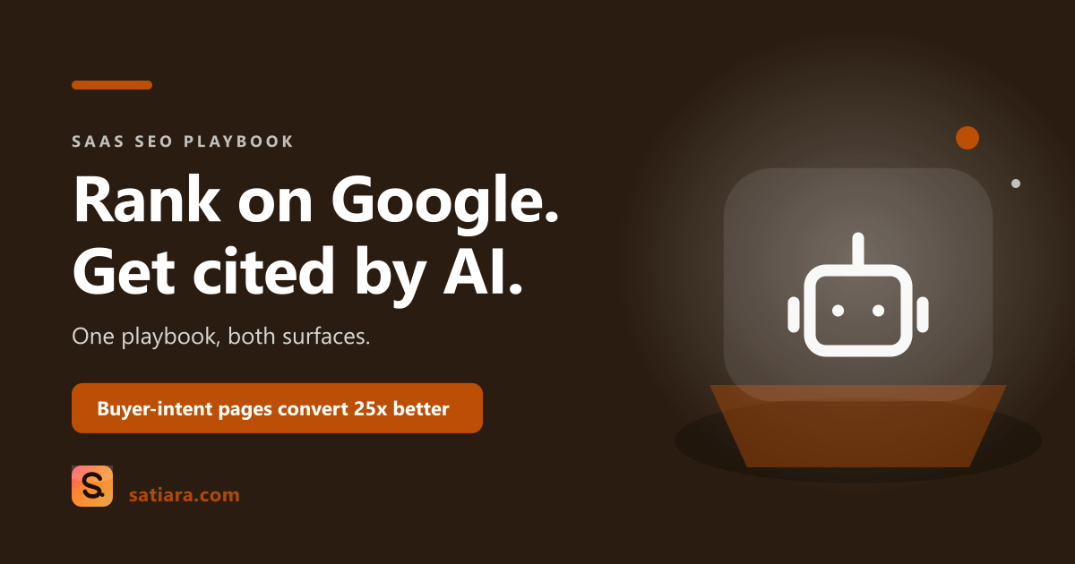 Satiara cover card reading "Rank on Google. Get cited by AI." with the note that buyer-intent pages convert 25x better