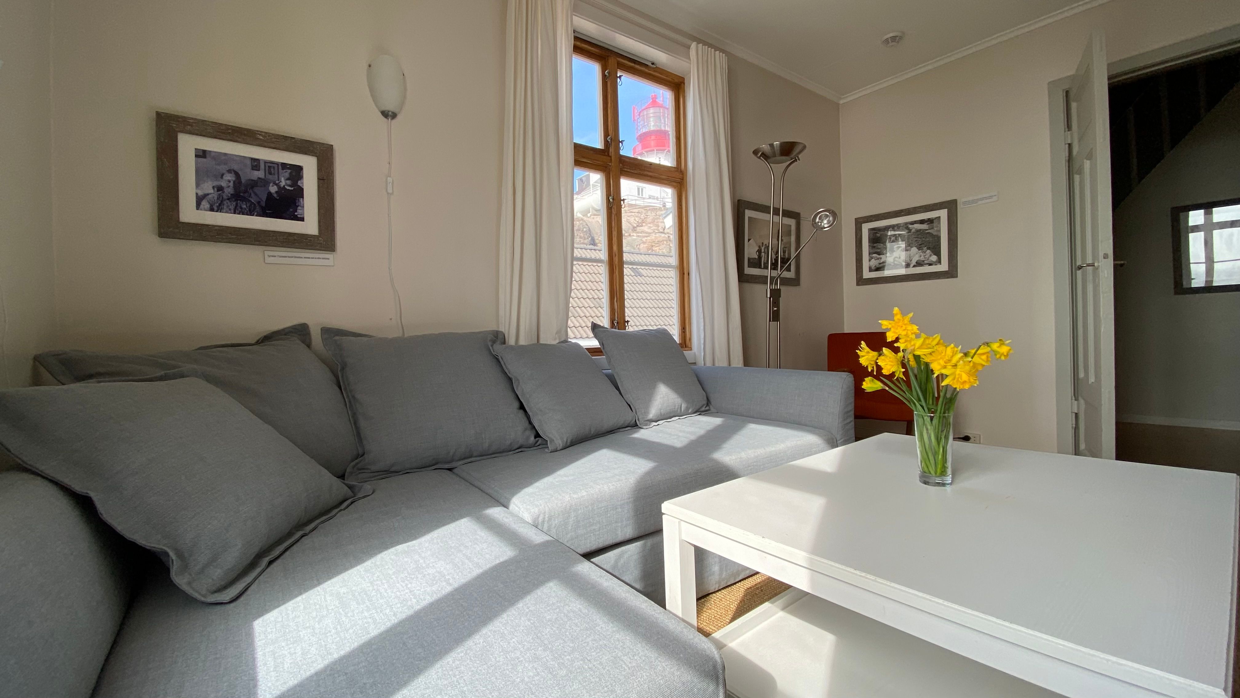 Utsikt fra stua inne i leiligheten. Grå sovesofa som kan bli til seng til 2