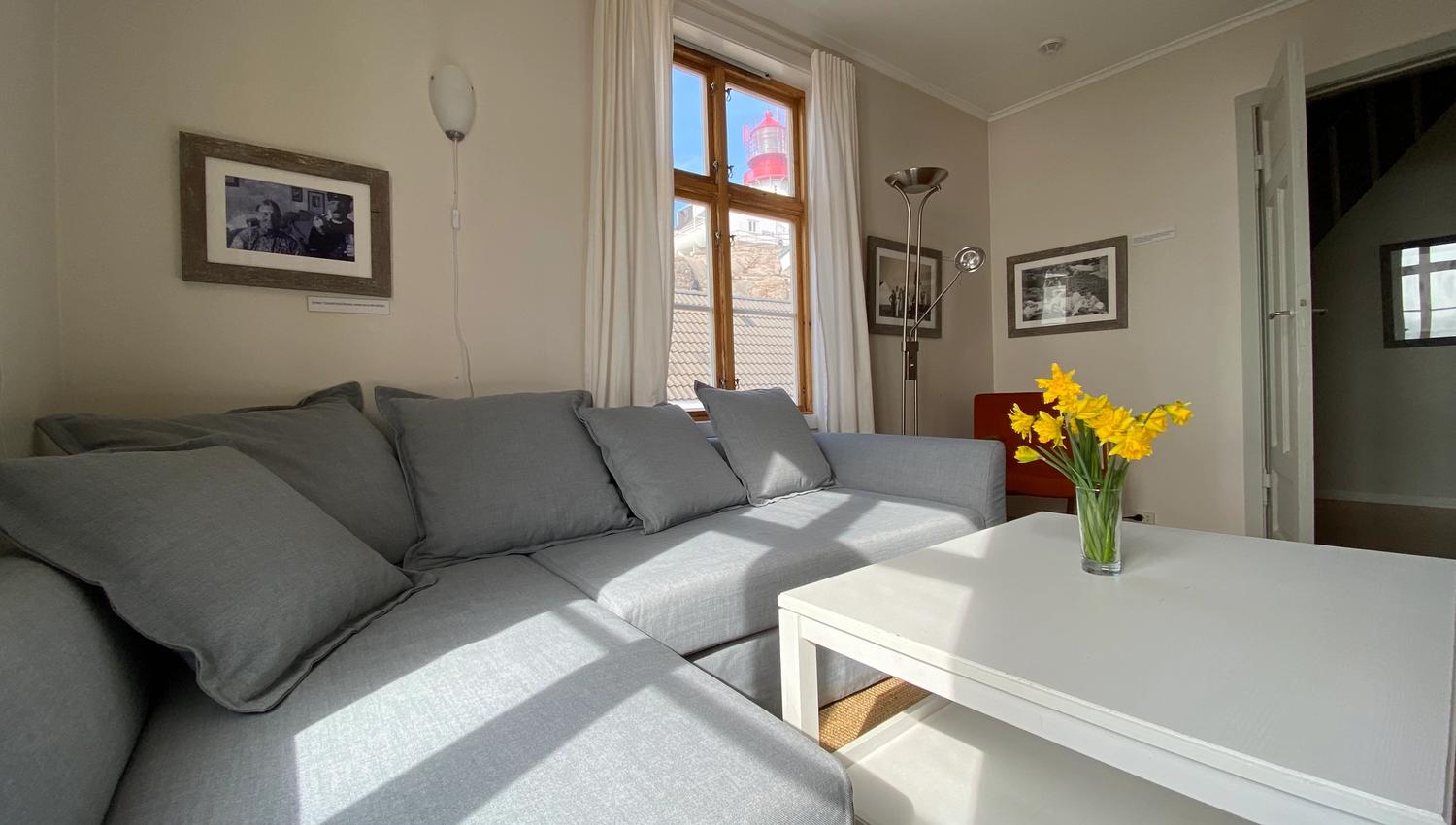 Utsikt fra stua inne i leiligheten. Grå sovesofa som kan bli til seng til 2