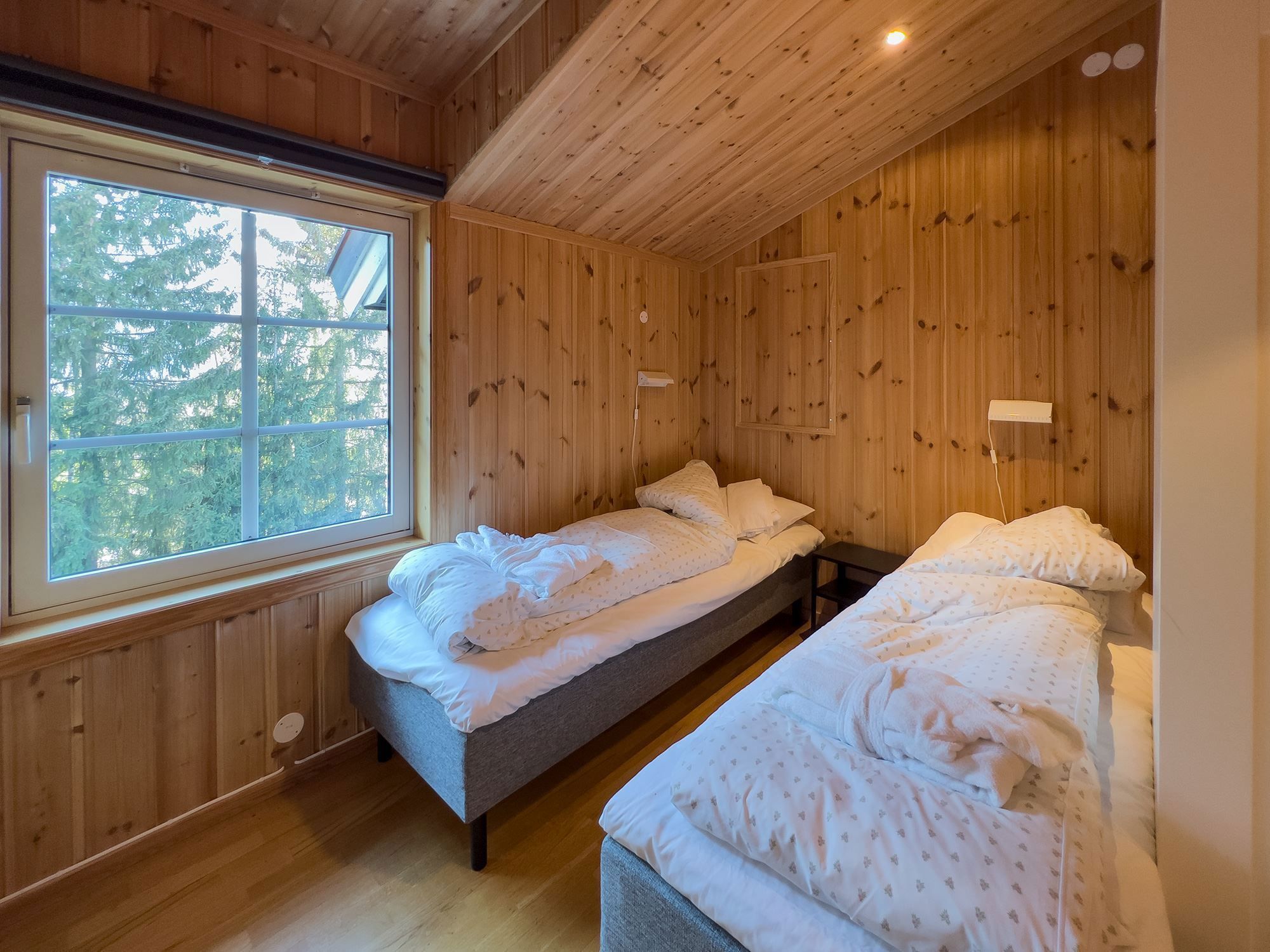 A room with two beds and a window.