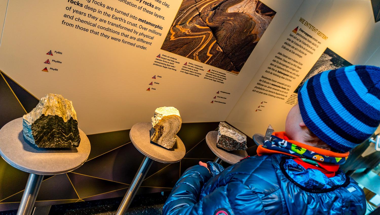A child looking at different types of rocks in the geolocial section of the exhibition.