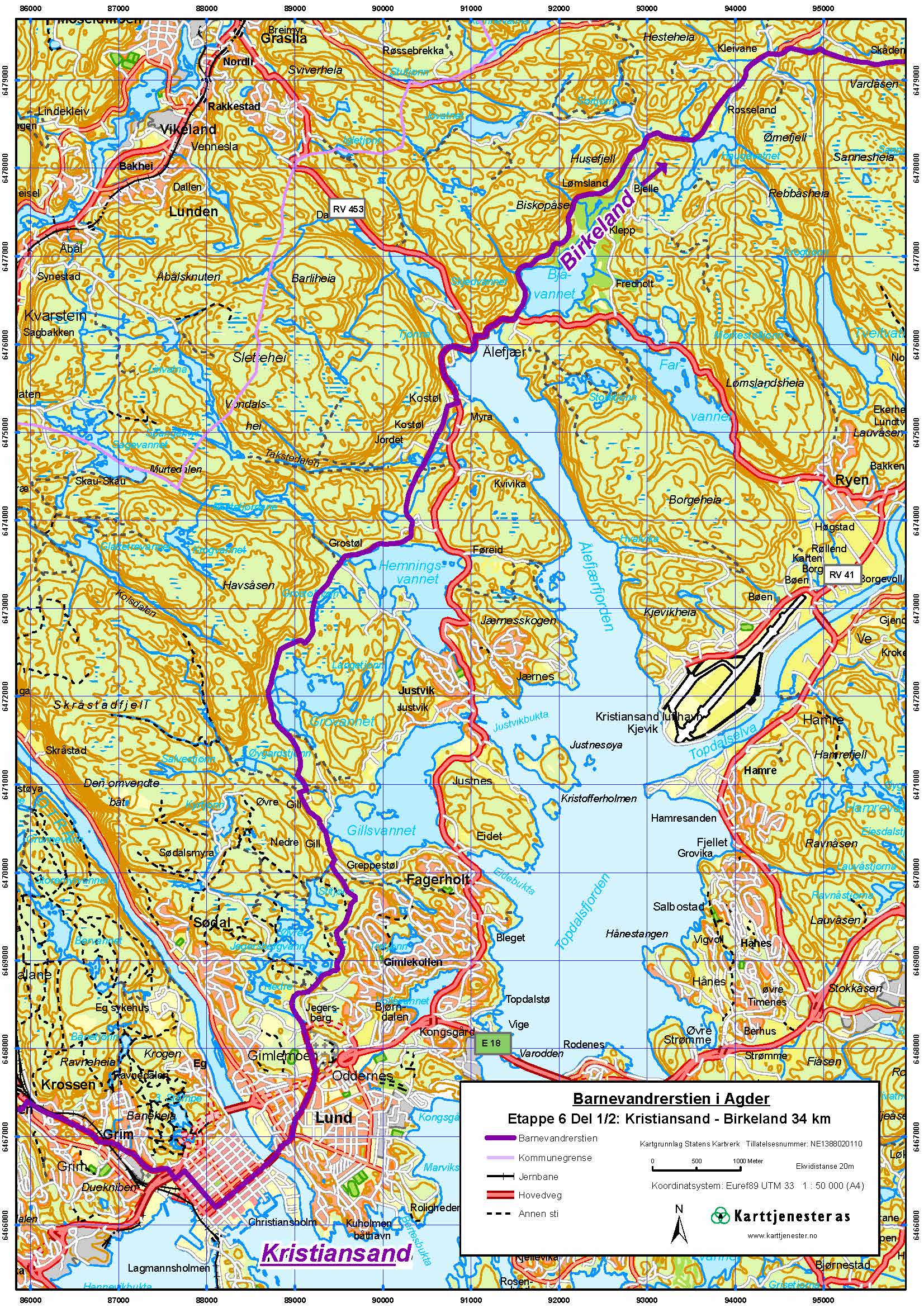 Kart etappe 6 -del 1 Kristiansand - Birkeland NO