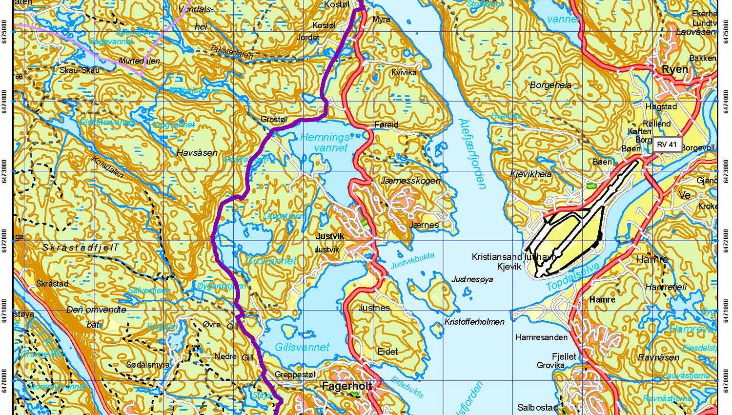 Kart etappe 6 -del 1 Kristiansand - Birkeland NO